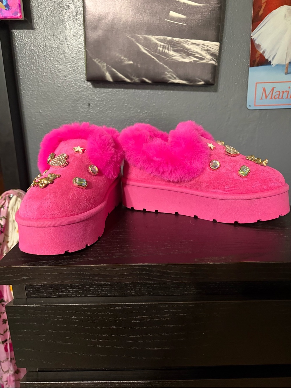 Hot Pink Platform Fur Slip-On Mules with Jewel Accents - Picture 6 of 8